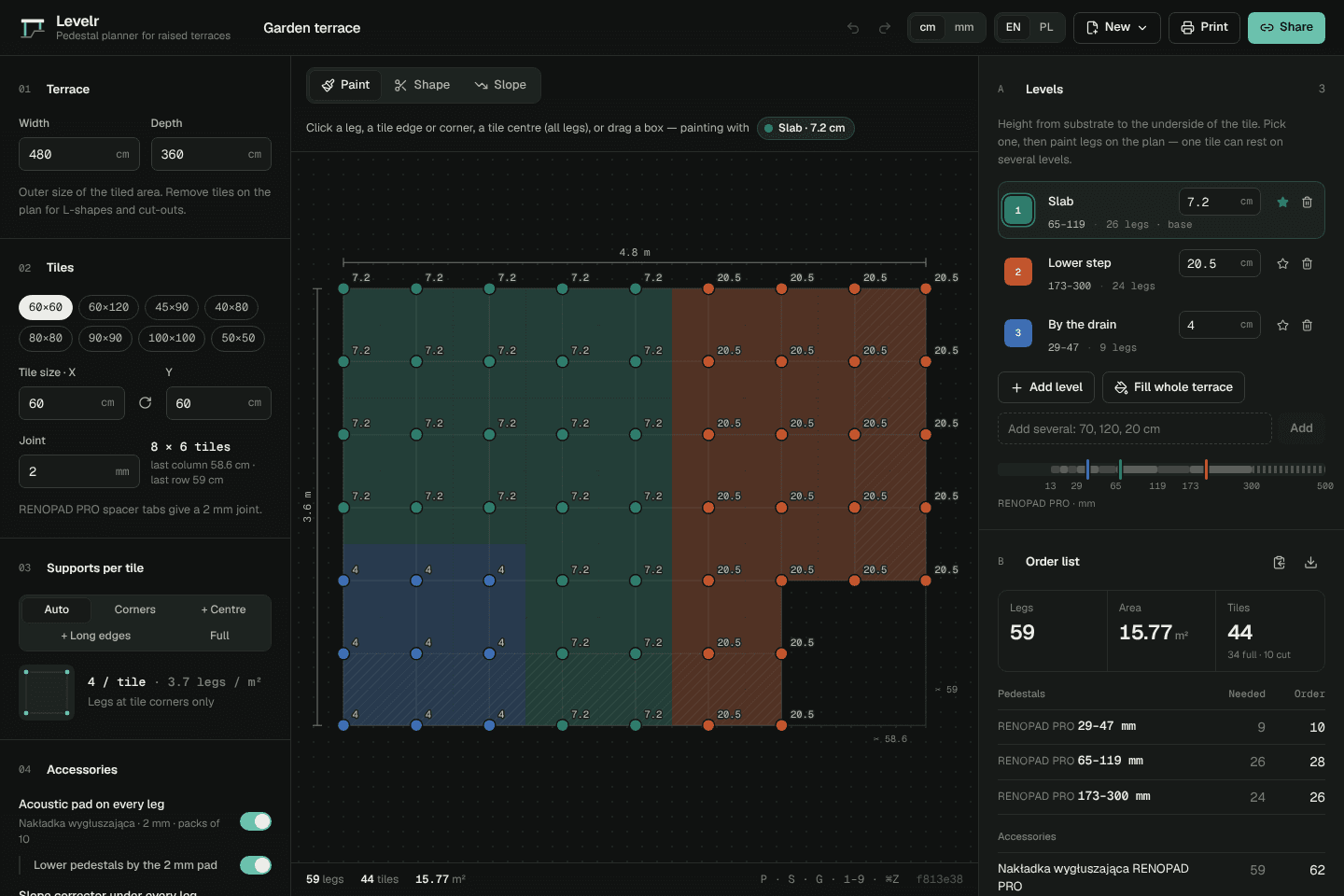 The Levelr planner: terrace and tile settings on the left, a tile grid in the centre with every leg coloured by its height level and a notch cut from one corner, and the levels and order list on the right.